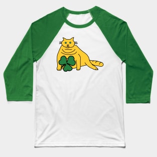 Saint Patricks Day Yellow Chonk Cat with Shamrock Baseball T-Shirt